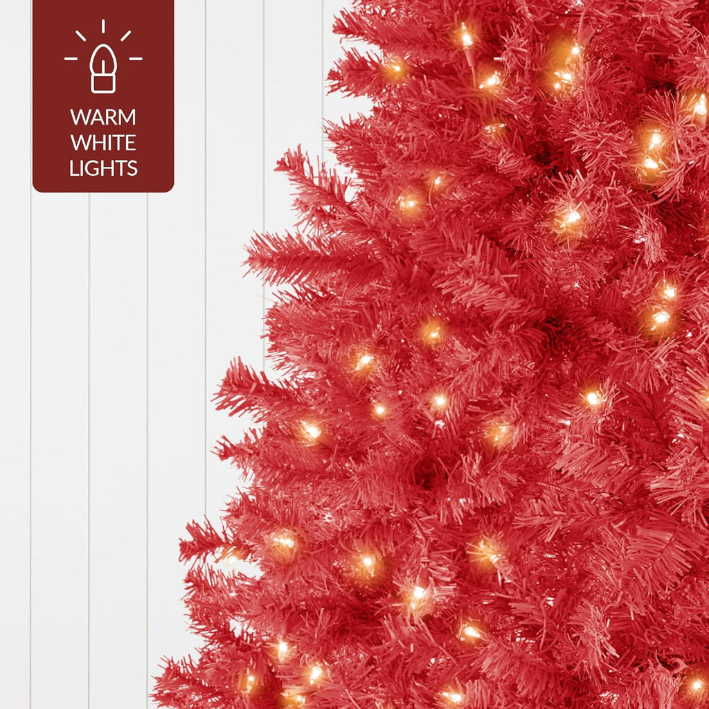 Best Choice Products 7.5ft Pre-Lit Red Christmas Tree, Full Artificial Holiday Decoration w/ 1,350 Branch Tips, 550 Lights, Foldable Base