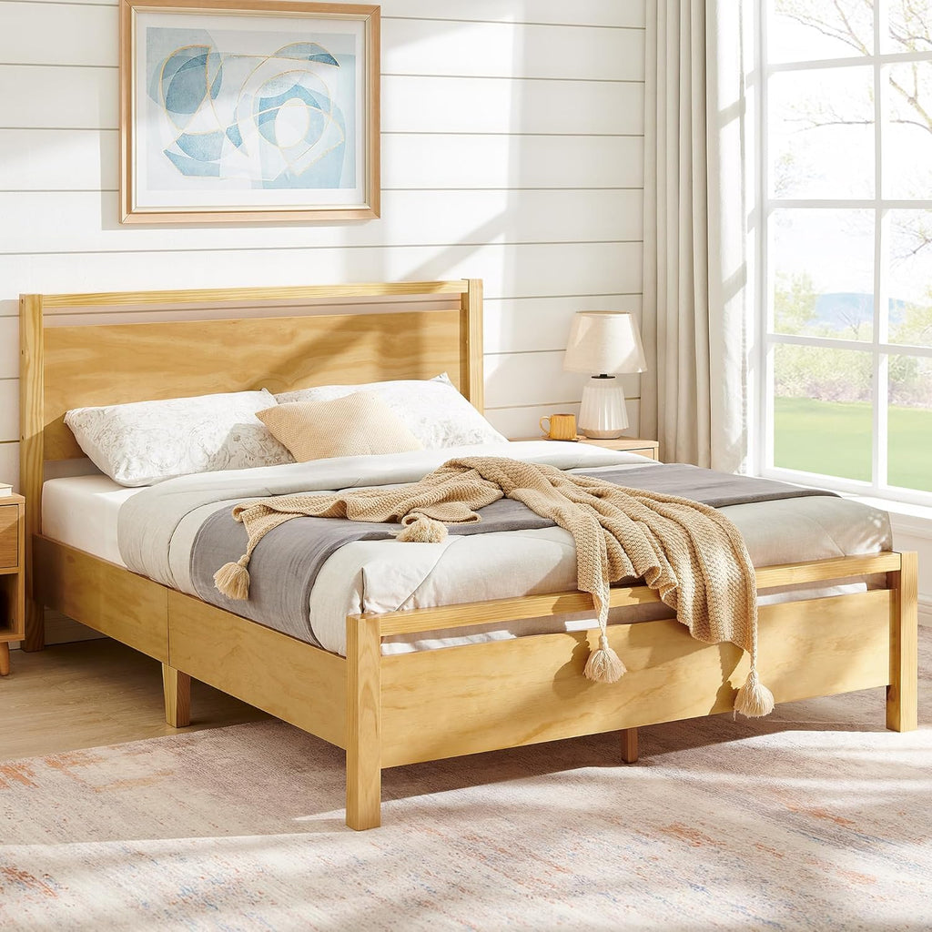 AMERLIFE King Size Solid Wood Bed Frame with Headboard, Minimalist Platform Bed with Wooden Slats Support/No Box Spring Needed/Easy Assembly, Natural