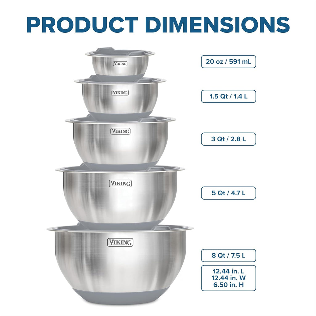Viking Mixing Bowls Set, 10 Piece Stainless Steel Kitchen Cookware, Non-Slip Silicone Base, Includes Tight Fit Lids, Dishwasher Safe, Grey