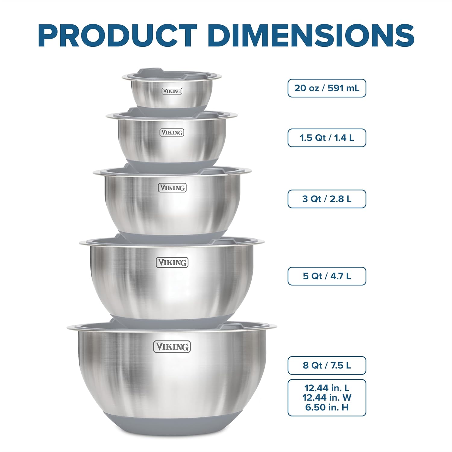 Viking Mixing Bowls Set, 10 Piece Stainless Steel Kitchen Cookware, Non-Slip Silicone Base, Includes Tight Fit Lids, Dishwasher Safe, Grey