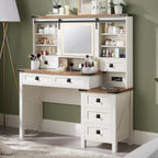 T4TREAM 48'' Farmhouse Makeup Vanity Desk with Sliding HD Mirror and Lights, Big Modern Lighted Vanity Table with 7 Drawers & Shelves, Rustic Large Dressing Table, Antique White