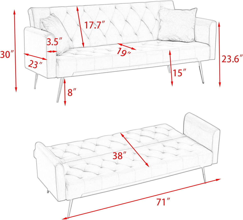 Anwick 72" Modern Velvet Sofa Bed Futon,Convertible Folding Sleeper Bed Couches with 3 Adjustable Backrests,Tufted Recliner Loveseat with Golden Chrome Legs for Small Living Room Office (Blue)