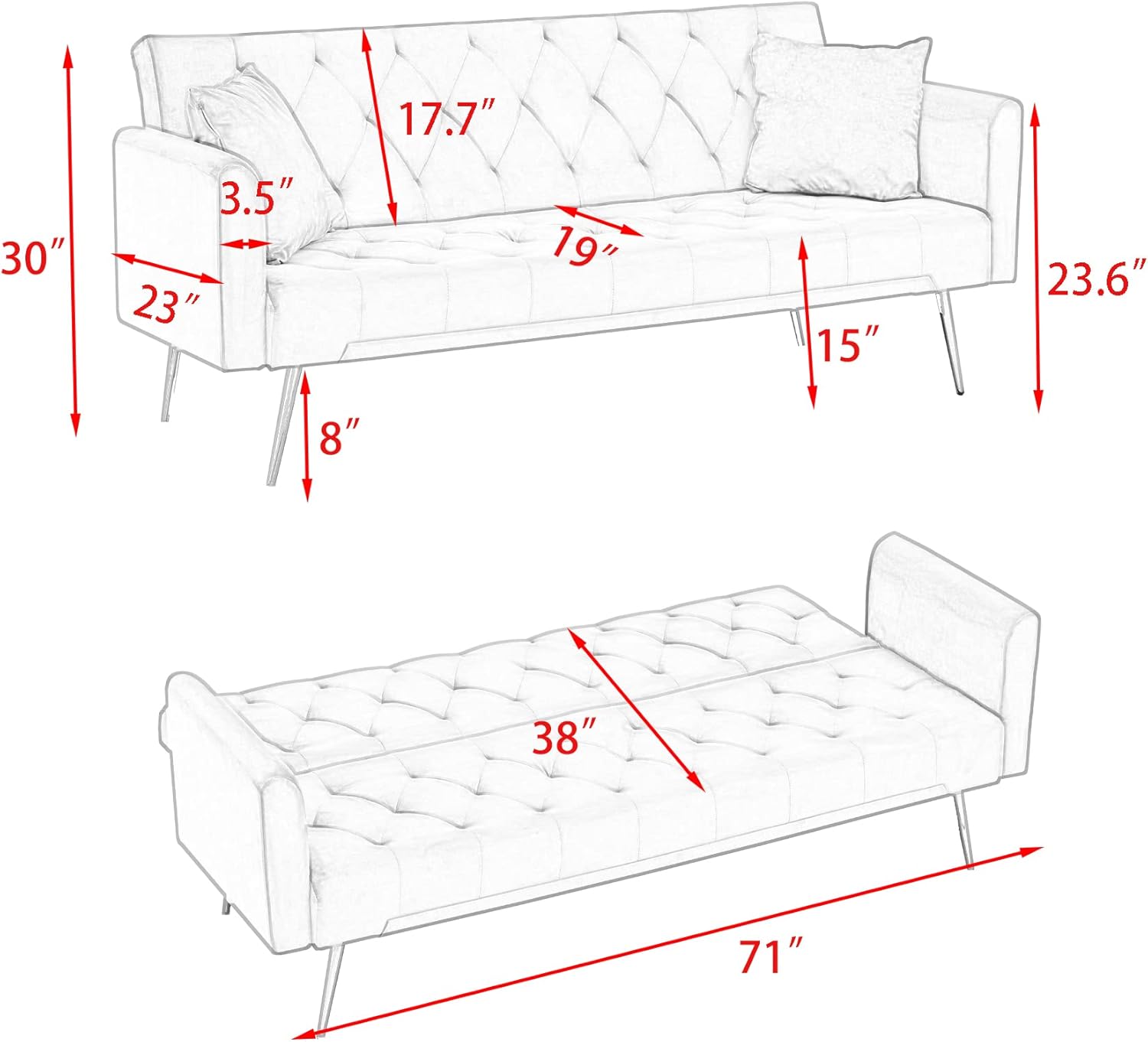 72"Modern Velvet Sofa Bed Futon,Convertible Folding Sleeper Bed Couches with 3 Adjustable Backrests,Tufted Recliner Loveseat with Golden Chrome Legs for Small Living Room Office (Dark Grey+pillows)