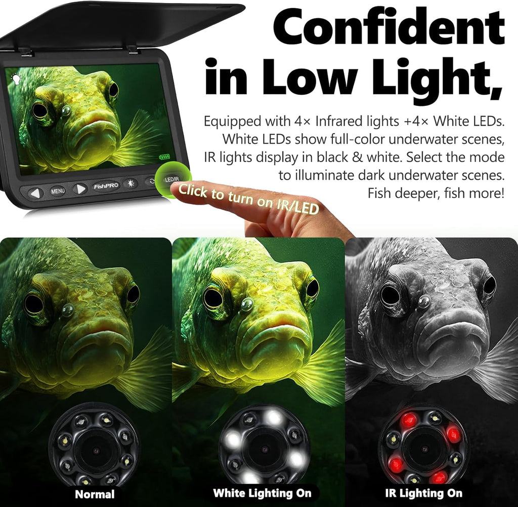 FishPRO® 2026 Upgrade NO.1 HD 1080P Underwater Fishing Camera 7'' IPS- w/10 000mAh (Ease to Use) Ice Fishing Camera Underwater  Fish Finder Camera for Ice Lake Boat Fishing w/USB-C  LED+IR  82ft