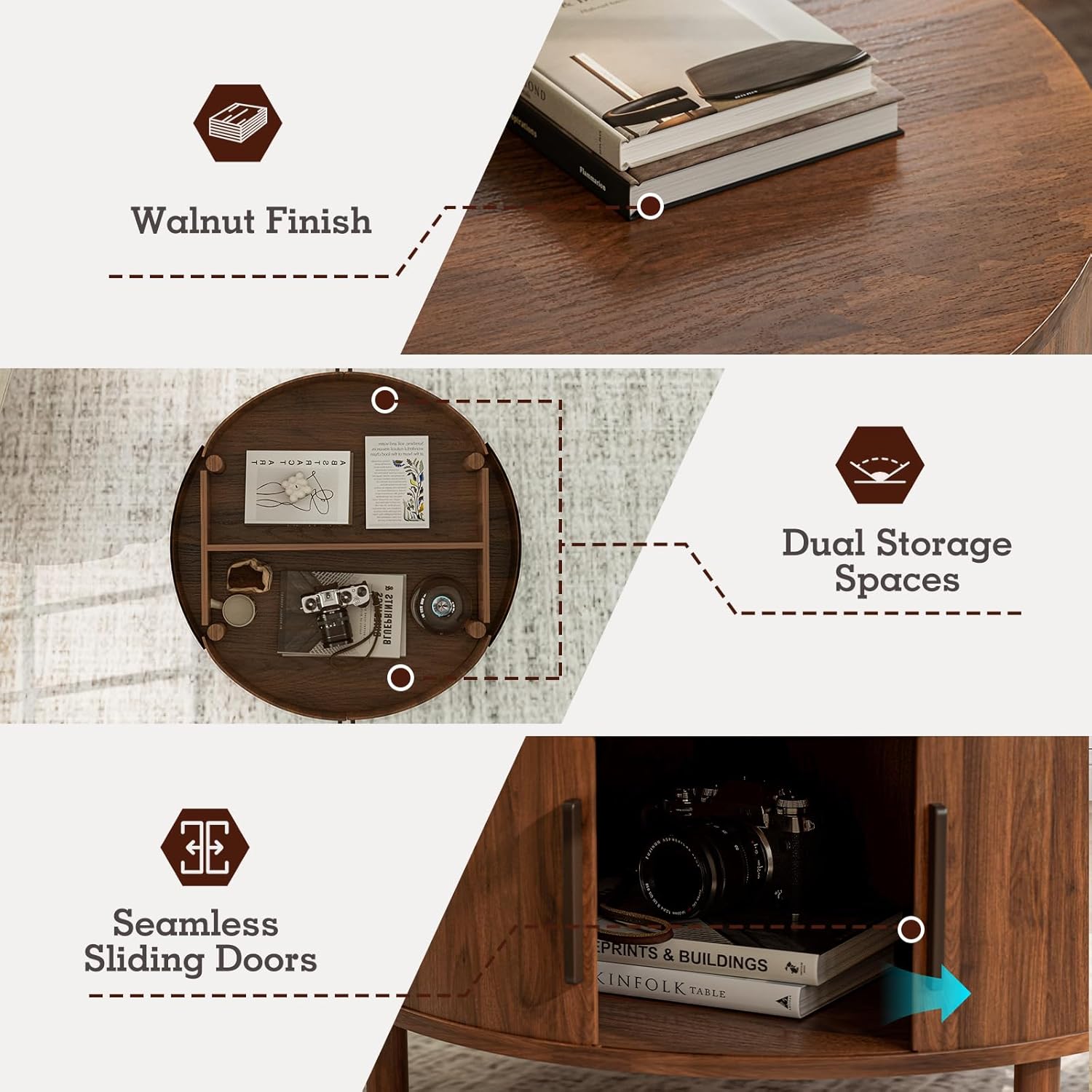 ZttRiee Coffee Table for Living Room, Modern Round Coffee Table with Cabinets & Sliding Doors, Home Small Space, 29.9" Fluted Center Table, Walnut