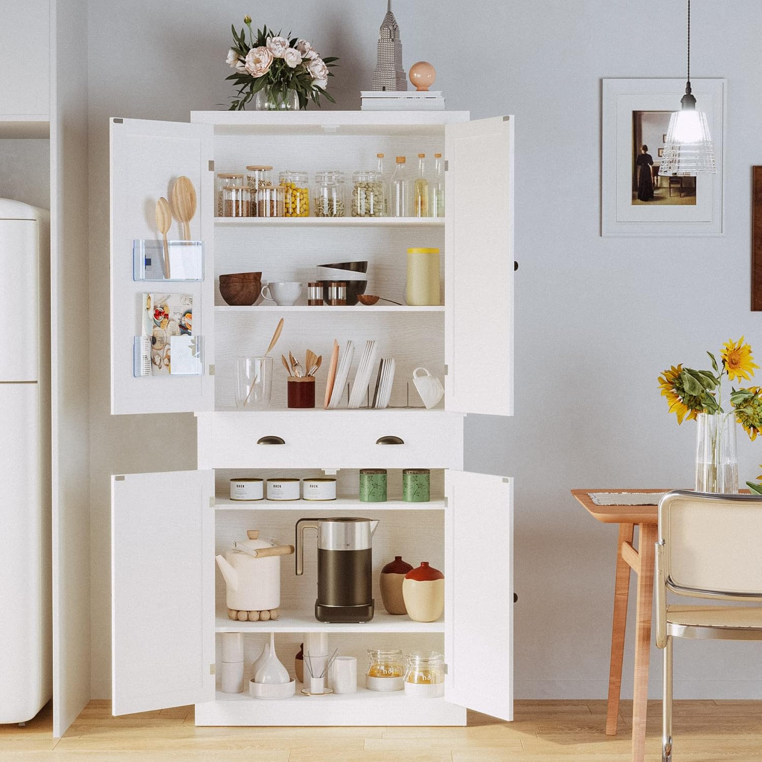 IRONCK Kitchen Pantry Storage Cabinet 72.6" H, with Barn Doors, Drawer, 4 Adjustable Shelves, Freestanding Cupboard, Laundry, White
