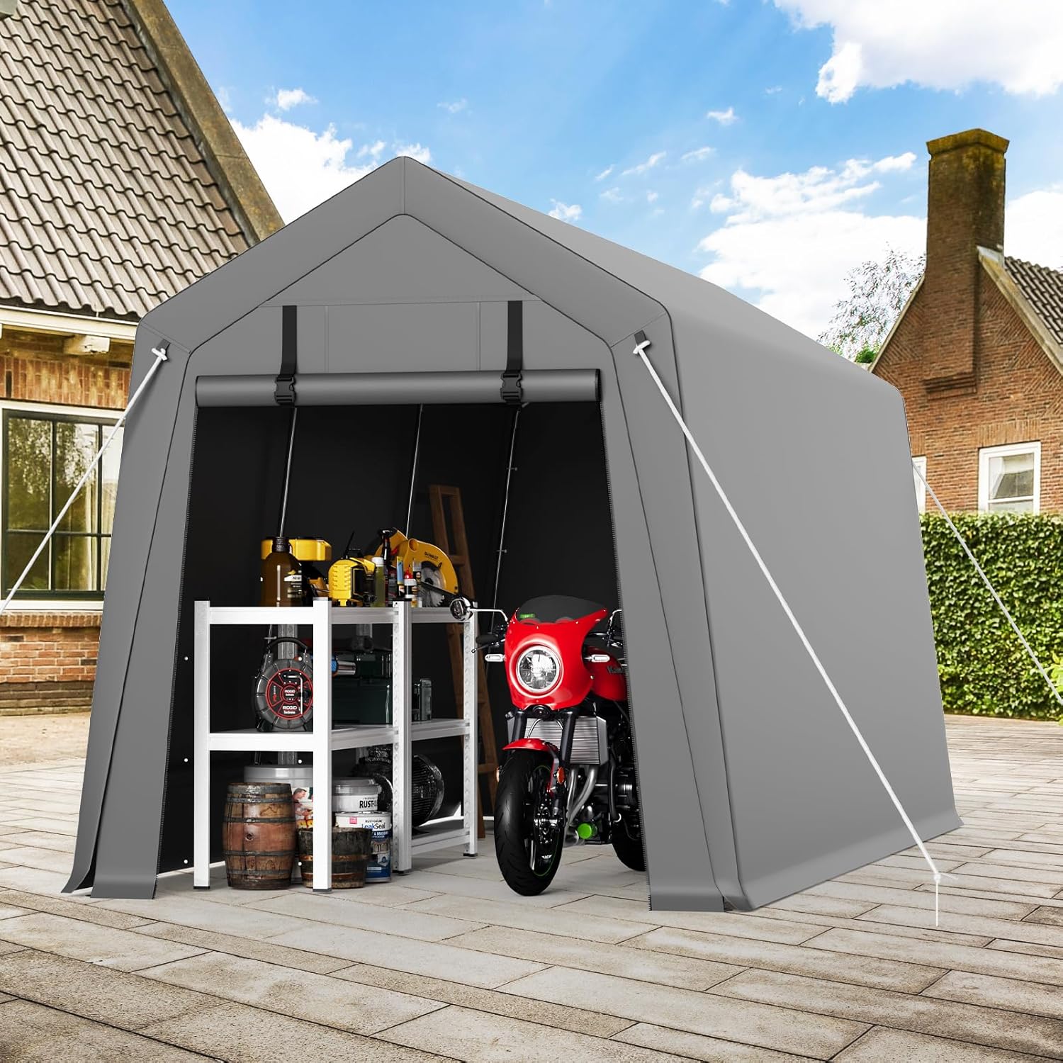 7x10 FT Portable Carport Storage Shed Tent – Heavy Duty Waterproof & UV-Resistant Motorcycle Tent with Roll-Up Zipper Doors, Steel Frame Shelter for Bike, Outdoor Tools & Equipment, Grey