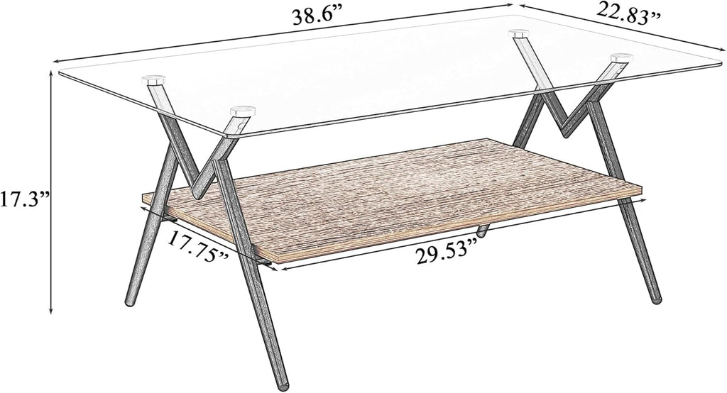 Casaphoria Rectangle Coffee Table for Living Room, Industrial 2-Tier Center Table with Gray Tempered Glass Top & Brown MDF Storage Shelf, Metal Legs, 220 lbs Weight Capacity (38.6")