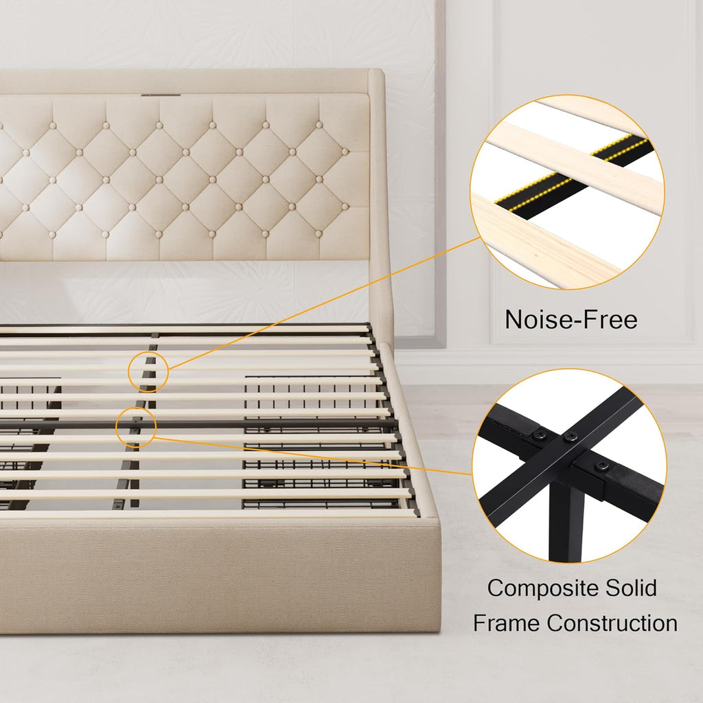 Upholstered Full Size Bed Frame with 4 Storage Drawers, Platform Bed with Wingback Headboard, Charging Station, No Box Spring Needed, Beige