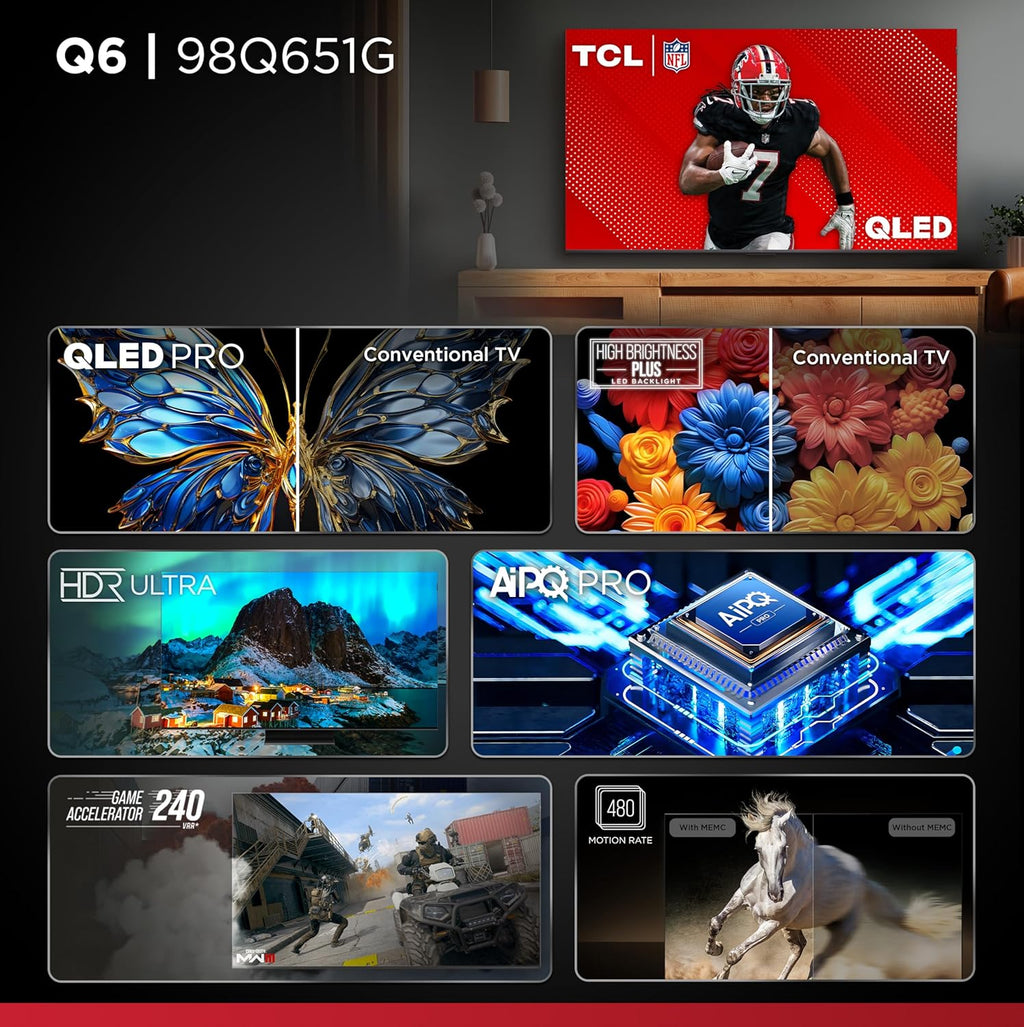 TCL 98-Inch Q65 QLED 4K UHD Smart TV with Google TV (98Q651G  2024 Model) Dolby Vision  Dolby Atmos  HDR Pro+  Game Accelerator Enhanced Gaming  Voice Remote  Works with Alexa  Streaming Television