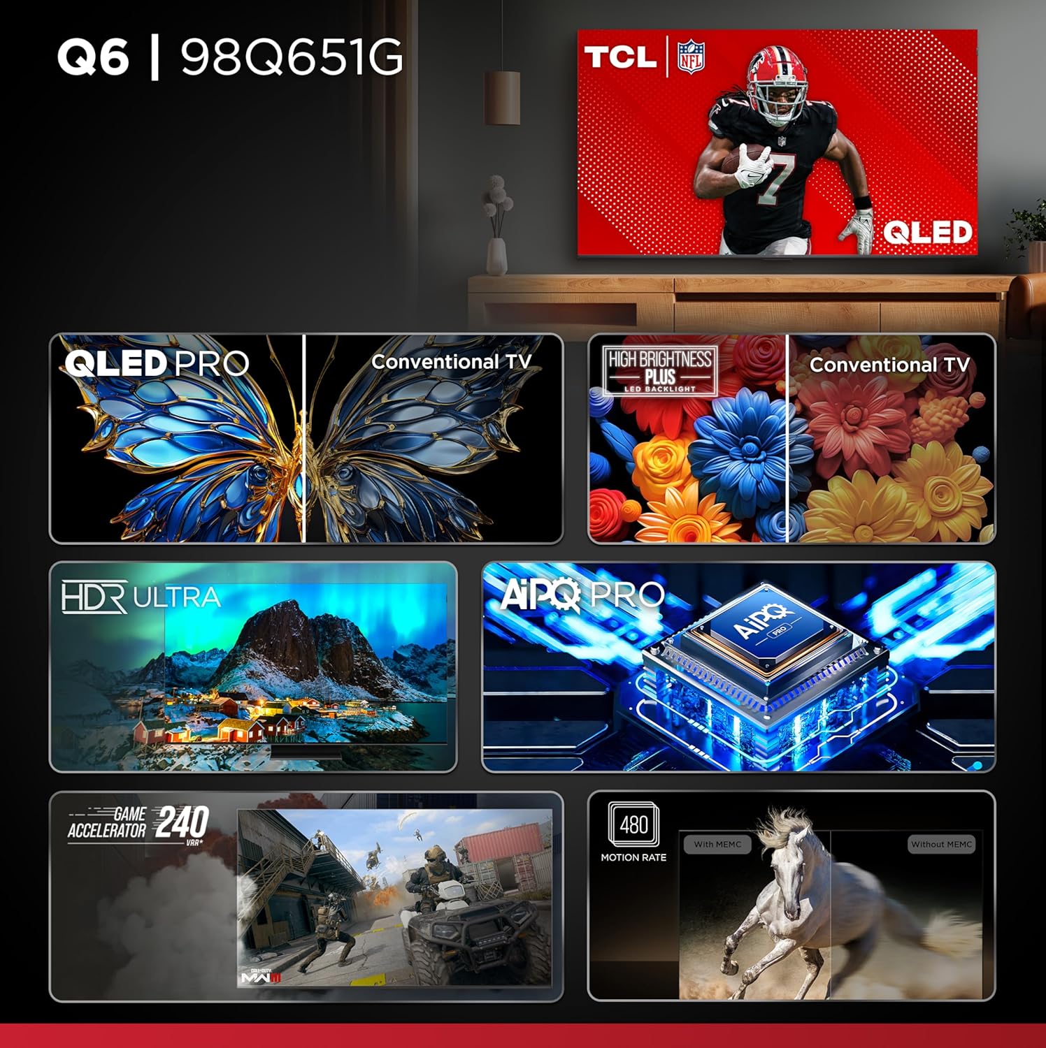 TCL 98-Inch Q65 QLED 4K UHD Smart TV with Google TV (98Q651G  2024 Model) Dolby Vision  Dolby Atmos  HDR Pro+  Game Accelerator Enhanced Gaming  Voice Remote  Works with Alexa  Streaming Television