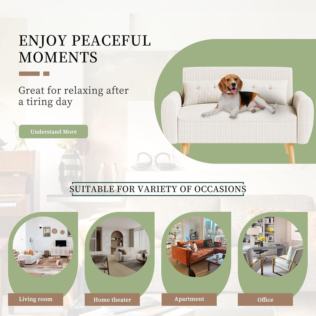 Vongrasig 48" Small Modern Loveseat Sofa, Mid Century Soft Corduroy Fabric 3-Seat Sofa Couch Tufted with Back Cushions and Tapered Legs for Living Room, Bedroom and Small Space, White