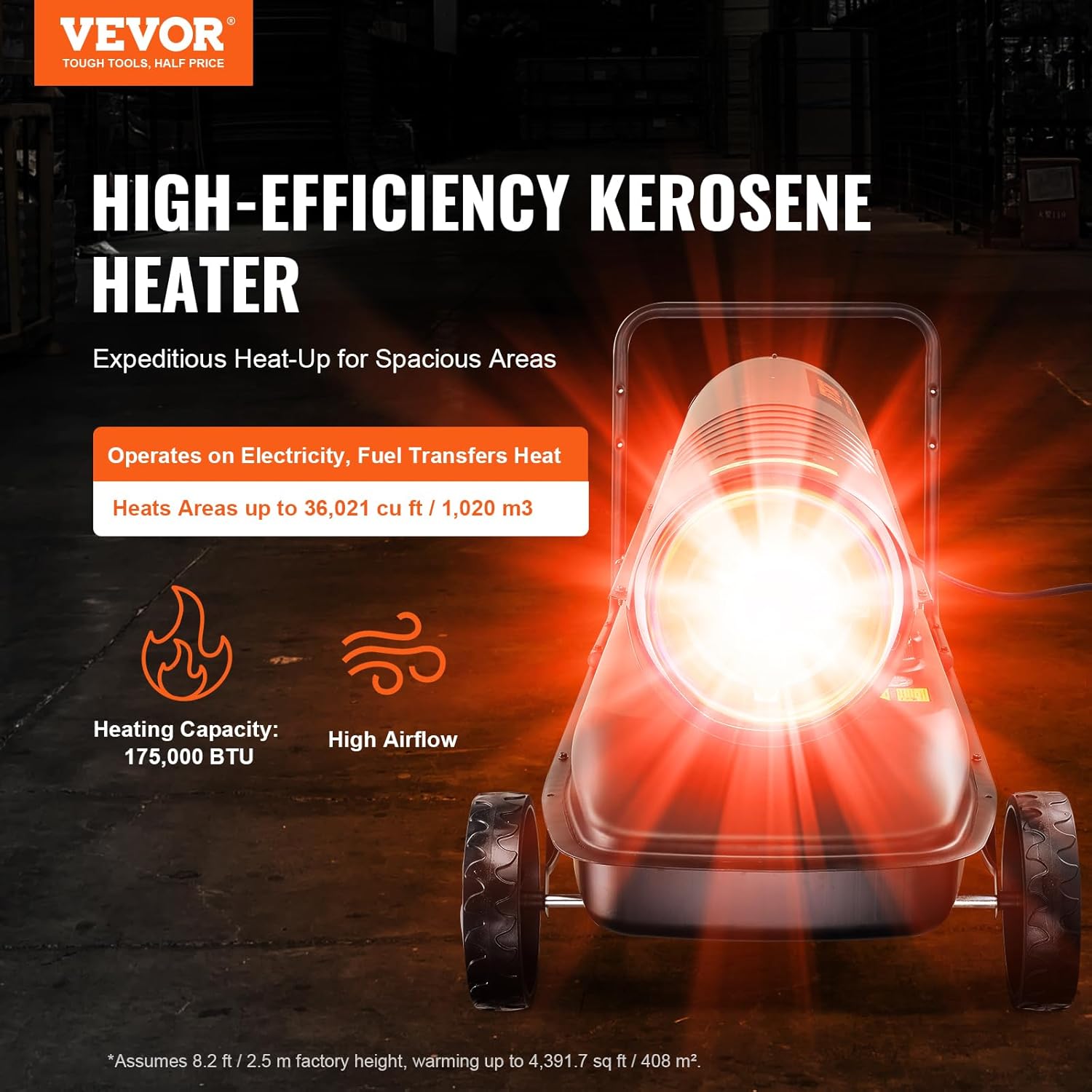 VEVOR Kerosene Forced Air Heater, 175000 BTU Portable Torpedo Diesel Space Heater with Thermostat, 13.2 Gallon Tank Energy-Efficient heavy-duty Heater, for Indoor Outdoor Use Workshop Industry