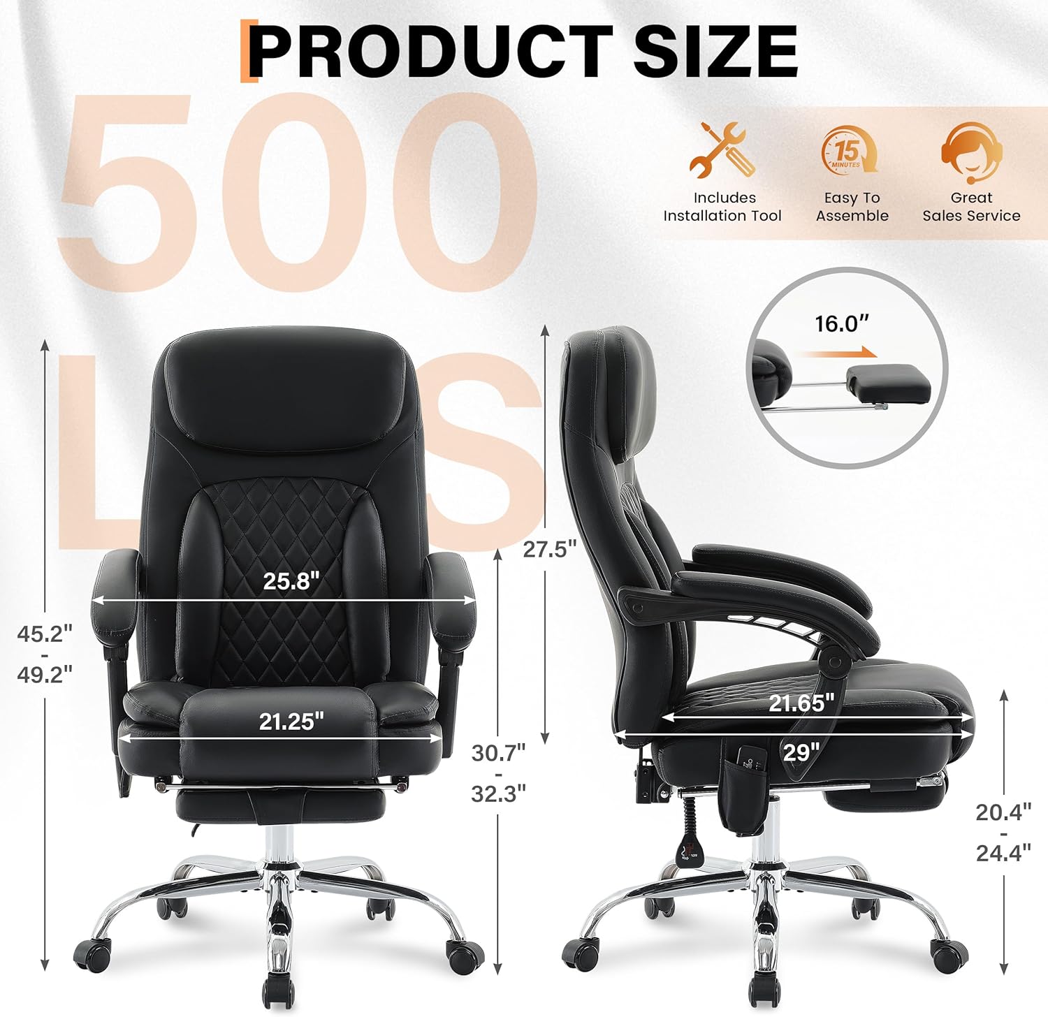 500LBS Massage Office Chair, 6 Points Vibration & Heat Executive Office Chairs, 135°Reclining Comfy Desk Chair with Foot Rest, Wider & Thicker Seat Cushion, PU Leather Big and Tall Gaming Chair, Black