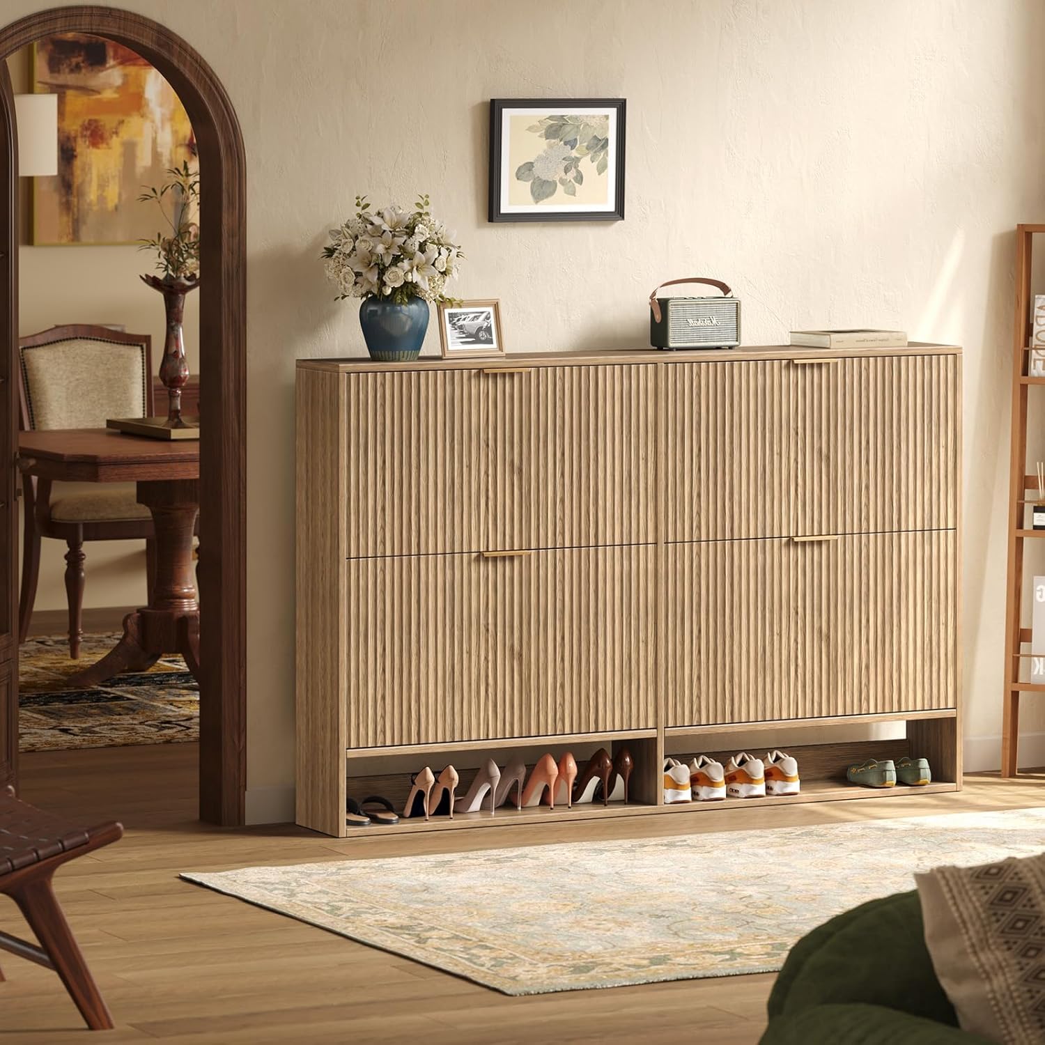47.2''W Oak Shoe Storage Cabinet for Entryway with 4 Flip Drawers, Narrow Wood Fluted Shoe Rack Cabinet,Freestanding Slim Shoe Organizer Cabinet for Foyer, Hallway