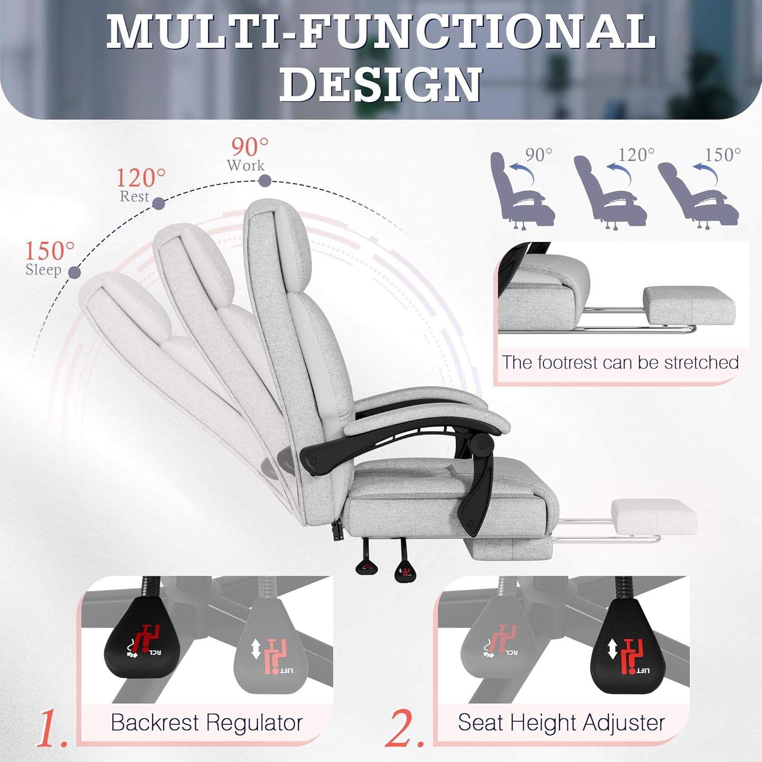 Furmax Massage Office Chair with Foot Rest 6 Points Vibration 400LBS Big and Tall Office Chair for Heavy People High Back Reclining Executive Computer Chair for Home Office Desk (Grey)