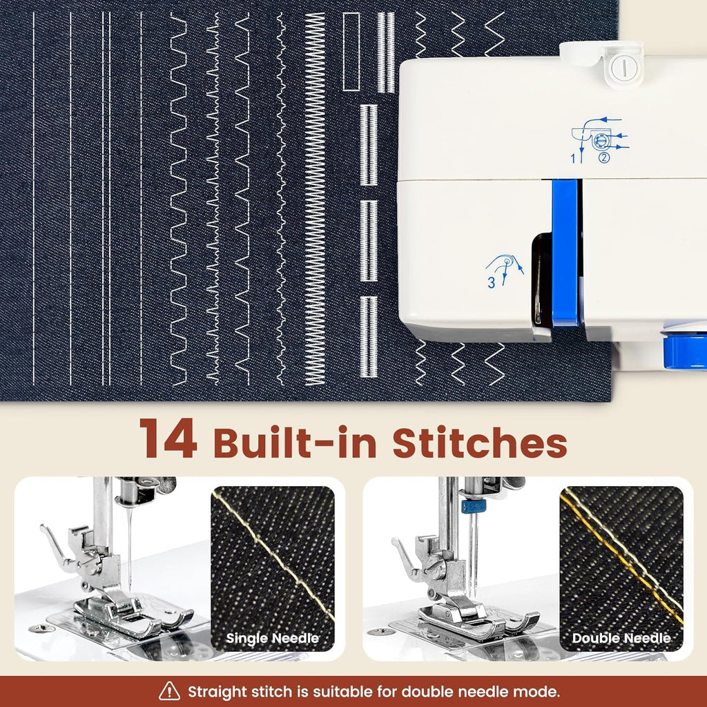 Mini Sewing Machine, Dual Speed Double Needle, 14 Stitch Portable Sewing Machine for Beginners, Adults, Home Use