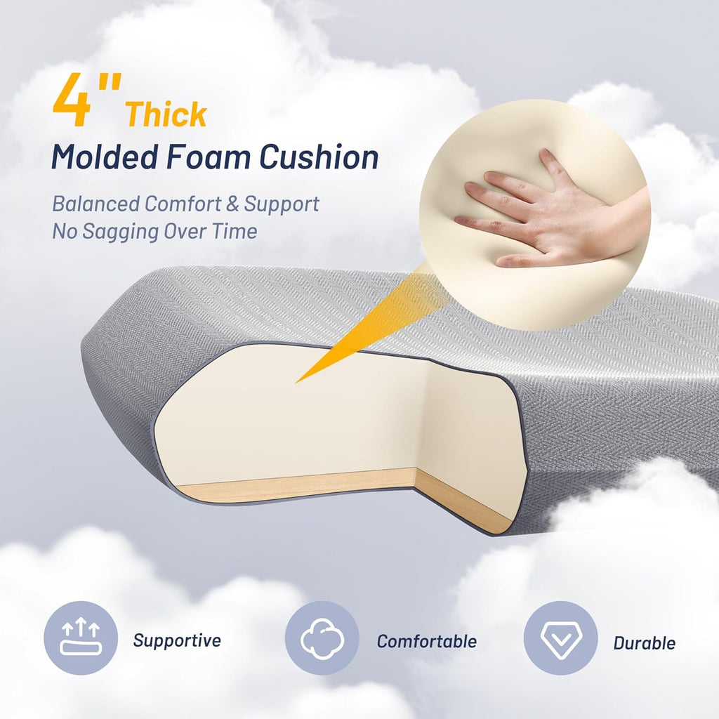 Office Chair for Long Hours & Back Pain Relief – 4" Thick Molded Foam Cushion, Padded Lumbar Support and Flip-up Armrests, Ideal for Office or Study, Light Gray