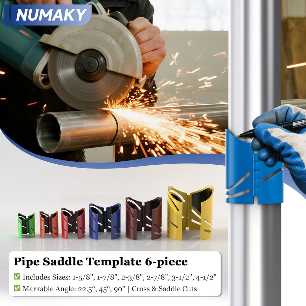 6-Pack Metal Pipe Cutting Guide Kit - Suitable Pipe Diameters 1-5/8", 1-7/8", 2-3/8", 2-7/8", 3-1/2", 4-1/2" | Markable 22.5°, 45°, 90° | Cross & Saddle Cuts | Anti-Shift Magnetic Liner