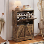 Semiocthome Farmhouse Shoe Storage Cabinet with 2 Flip Drawers, 23.6"(W) Freestanding Shoe Organizer with Barn Door and Metal Handles for Entryway, Corner Narrow Shoe Rack Cabinet - Rustic Brown