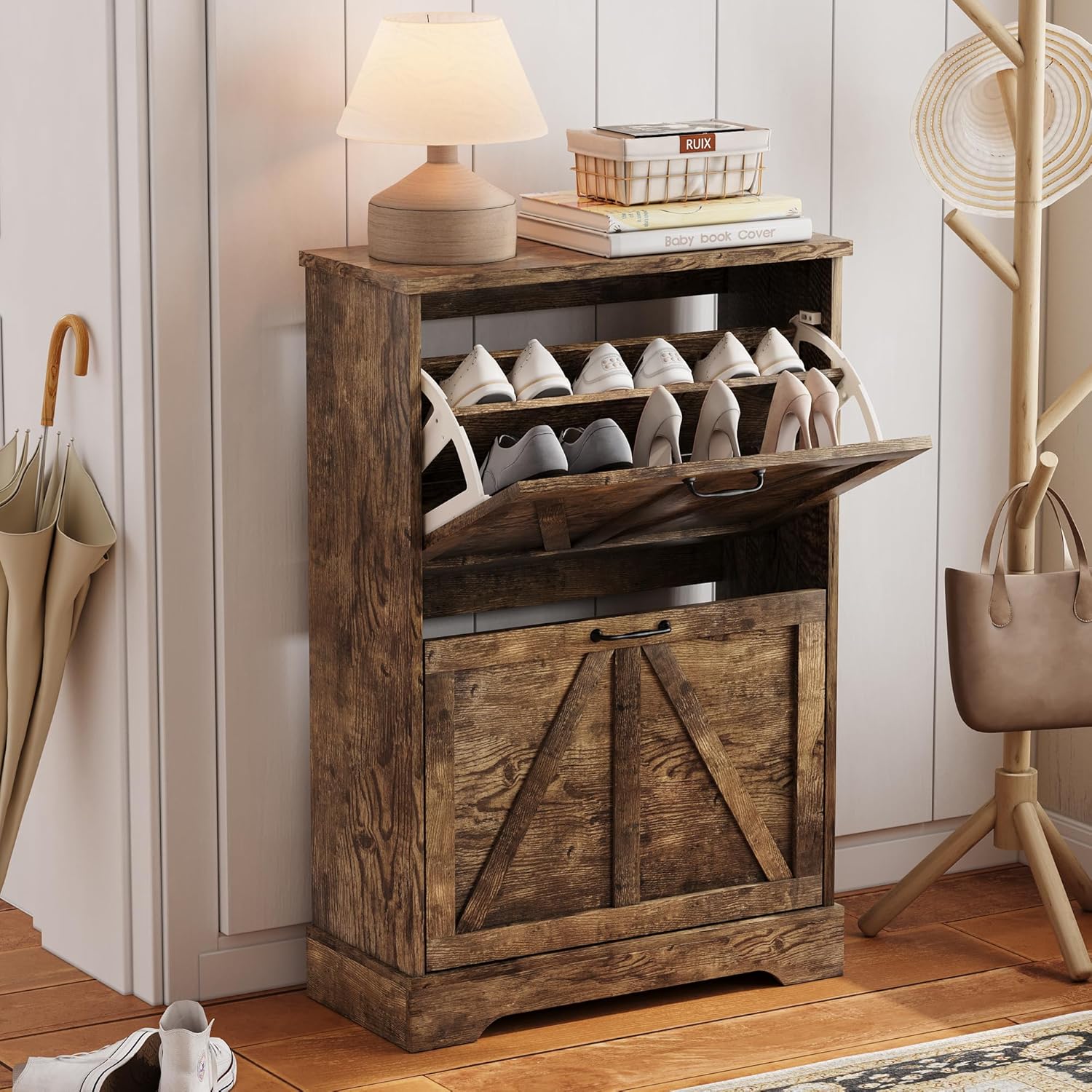 Semiocthome Farmhouse Shoe Storage Cabinet with 2 Flip Drawers, 23.6"(W) Freestanding Shoe Organizer with Barn Door and Metal Handles for Entryway, Corner Narrow Shoe Rack Cabinet - Rustic Brown
