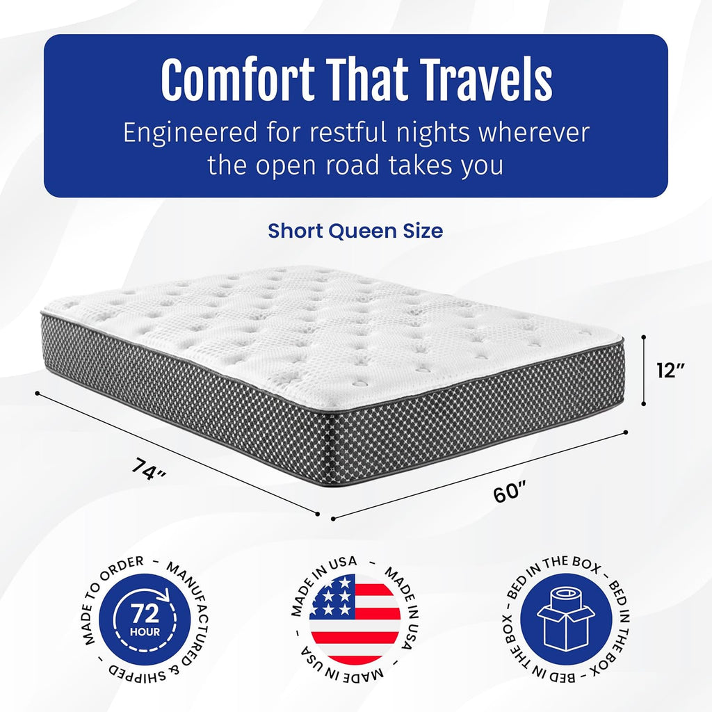 WanderRest 12” Cool Hybrid RV Mattress, Short Queen 60x74, Plush-Medium Gel Memory Foam & Pocketed Coil Bed for RV, Camper or Travel Trailer, Cooling Comfort, Made in USA