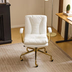 VINGLI Home Office Desk Chair Comfy with Wheels & Removable Armrests,Gold Base Vanity Chair with Back, Adjustable Rolling Swivel Computer Task Chair for Study,Makeup,Office,Bedroom,PU Leather,White