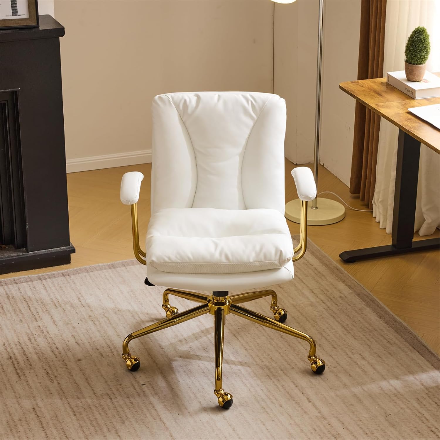 VINGLI Home Office Desk Chair Comfy with Wheels & Removable Armrests,Gold Base Vanity Chair with Back, Adjustable Rolling Swivel Computer Task Chair for Study,Makeup,Office,Bedroom,PU Leather,White