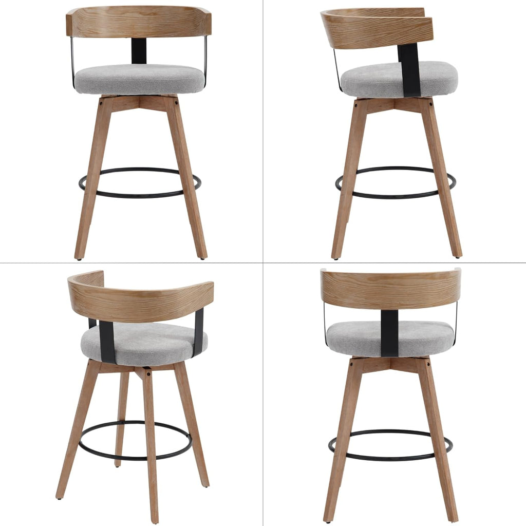 LukeAlon Linen Upholstered Counter Stools Set of 2, 360° Swivel Wooden Kitchen Stools with Wood Full Back Mid Century 26.25" Seat Height Low Barstools for Dining Room Kitchen Island, Grey