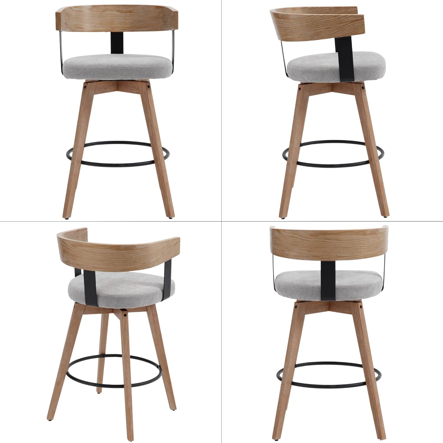 LukeAlon Linen Upholstered Counter Stools Set of 2, 360° Swivel Wooden Kitchen Stools with Wood Full Back Mid Century 26.25" Seat Height Low Barstools for Dining Room Kitchen Island, Grey
