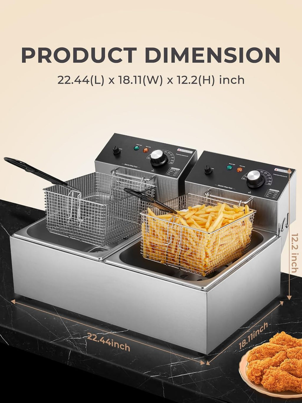 HOUSNAT Commercial Deep Fryer with Basket, 3400W 20.7QT/19.6L Electric Deep Fryer with 2 x 6.35 QT Removable Baskets, Stainless Steel Countertop Fryer for Restaurant or Home Use
