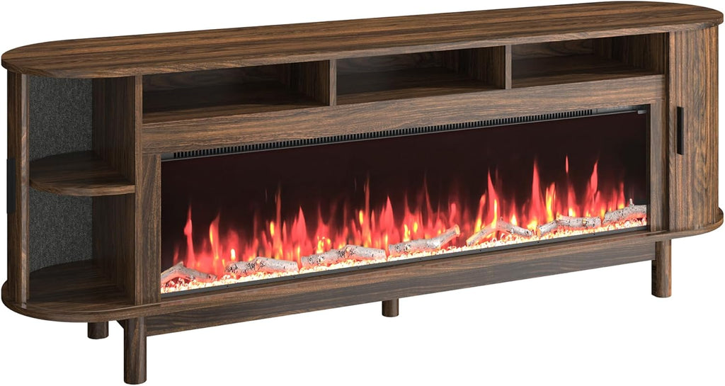 70" Farmhouse TV Stand with 50" Fireplace for TVs up to 85" 80" 75" 70" 65", Media Entertainment Center with Large Storage Cabinet,Sliding Doors for Living Room, Walnut