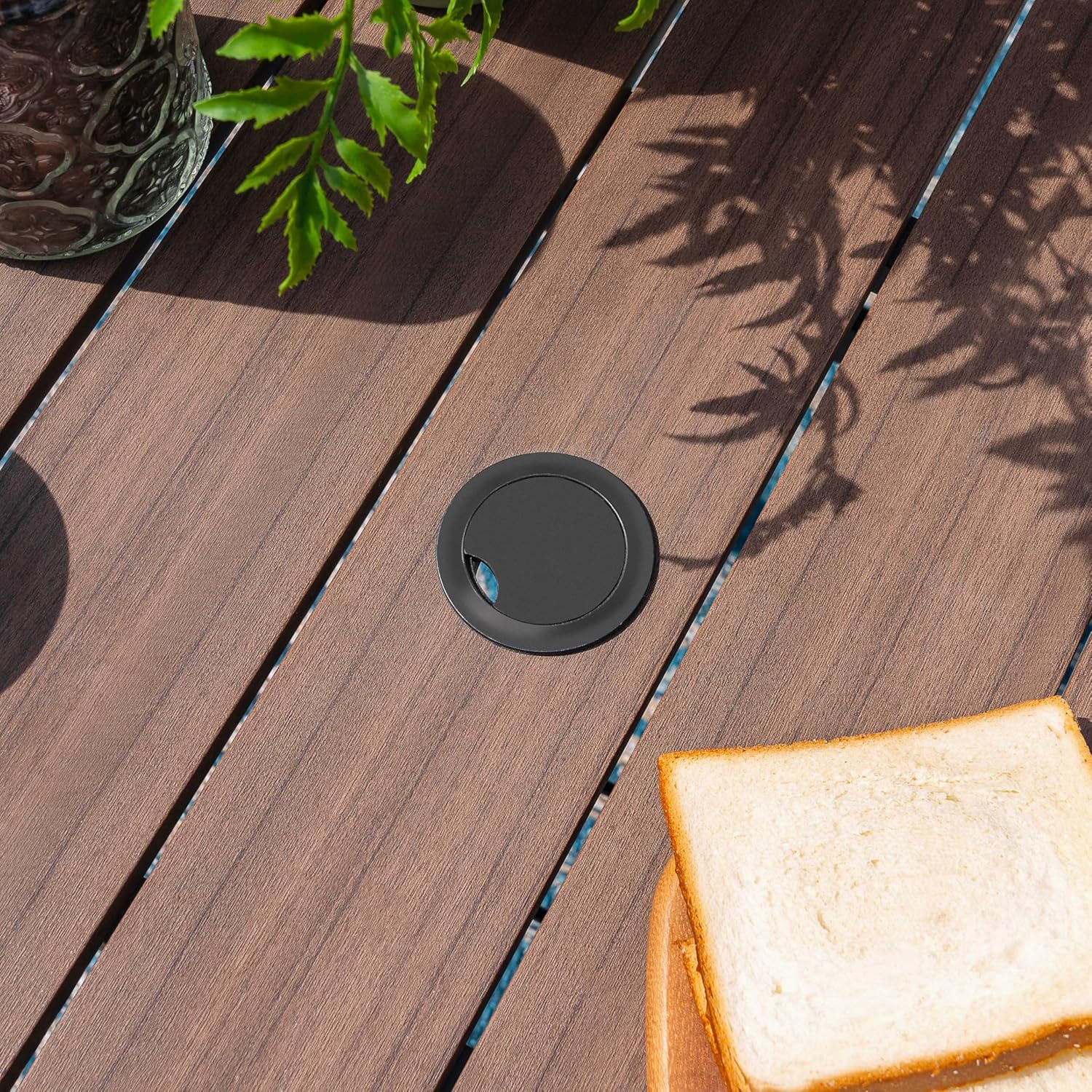 NUU GARDEN Outdoor 37” Square Metal Dining Table, Patio Dining Table with Umbrella Hole, Powder-Coated Metal Table with Faux Wood Tabletop, for Patio, Garden, Backyard and Balcony, Black