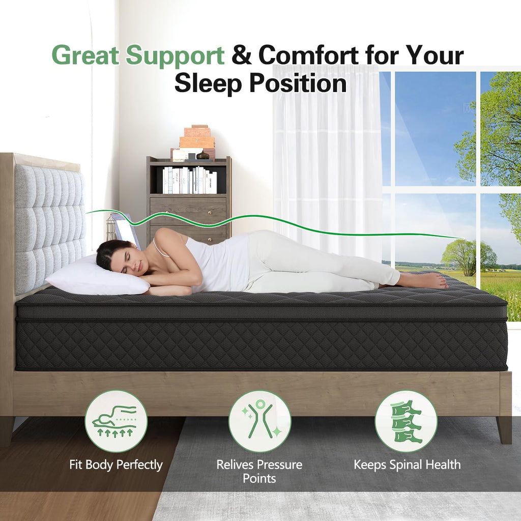 King Mattress 14 Inch,Hybrid Mattresses Euro Top Medium Firm for Back & Lumbar Support, 100 Night Trial, Individual Pocket Spring Bed for Motion Isolation & Pressure Relief Black