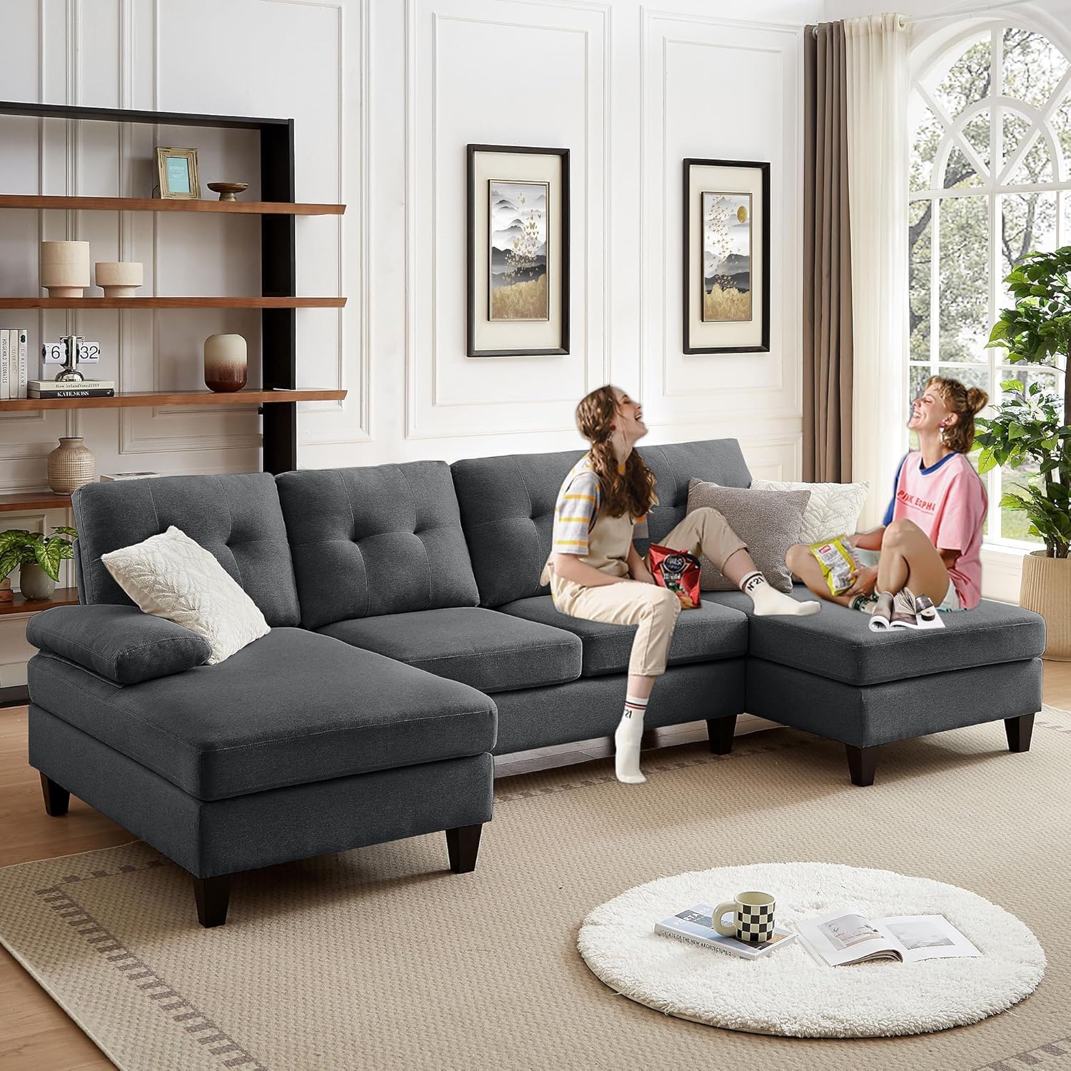111" Sectional Couch for Living Room, Modern Polyester Fibre U Shaped Sofa Couches with Double Chaise, Upholstered 4 Seater Sofa for Living Room, Apartment, Office, Dark Grey