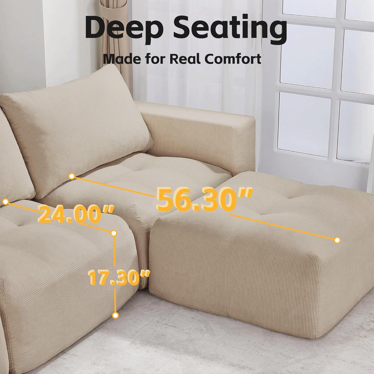 MCombo 121" Modular Sofa Couch, No Assembly Required, L Shaped Compressed Sectional Sofa with Ottoman, Deep Seat Upholstered Boneless Couch for Living Room, SS378 (Light Brown)