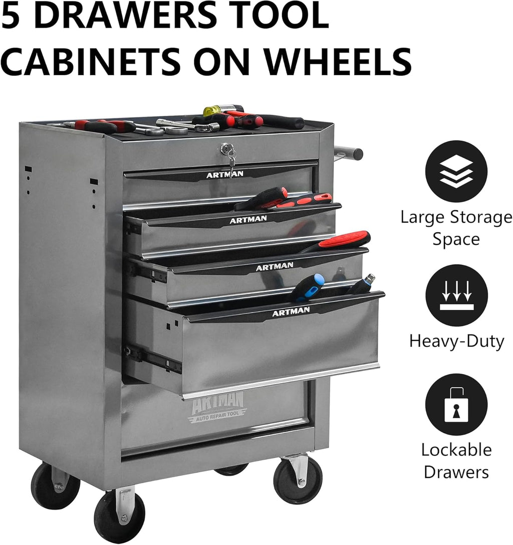 5 Drawer Rolling Tool Cart on Wheels, Multifunctional Mobile Metal Tool Chest, Drawers Rolling Trolley Organizer Tool Box for Repair Shop,Warehouse,Garage,Workshop (5 Drawers-30.5"H-Silver)