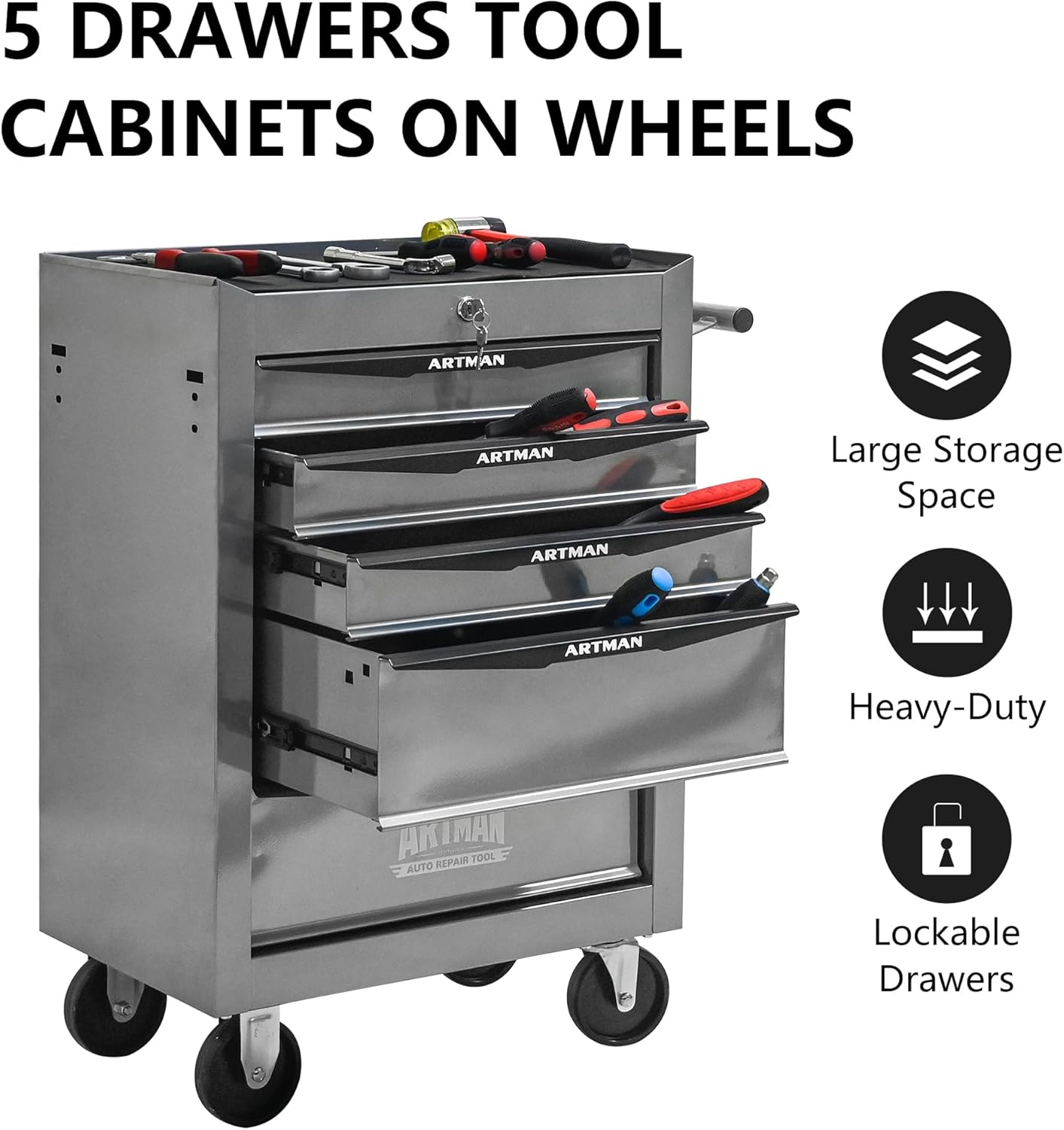 5 Drawer Rolling Tool Cart on Wheels, Multifunctional Mobile Metal Tool Chest, Drawers Rolling Trolley Organizer Tool Box for Repair Shop,Warehouse,Garage,Workshop (5 Drawers-30.5"H-Silver)