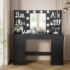 YESHOMY Vanity Desk with Mirror, Power Outlet and 10 Lights, Makeup Table with 7 Drawers, 3 Color Modes Available for Bedroom, Black