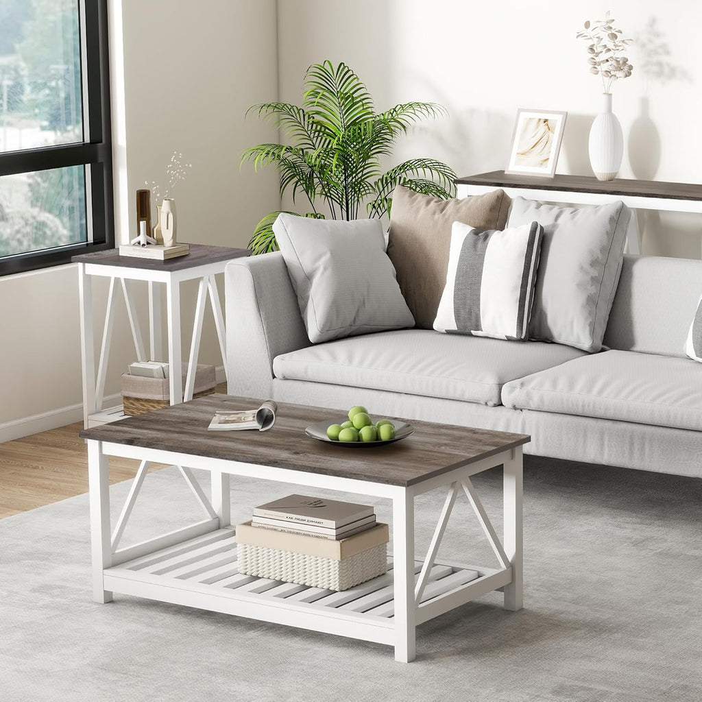 Farmhouse Coffee Table, White Oak Coffee Table for Living Room, 2-Tier Rectangular Wooden Centre Cocktail Table with Slats Shelf Storage and V-Shaped Frame Modern Coffee Oak Grey