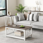 Farmhouse Coffee Table, White Oak Coffee Table for Living Room, 2-Tier Rectangular Wooden Centre Cocktail Table with Slats Shelf Storage and V-Shaped Frame Modern Coffee Oak Grey