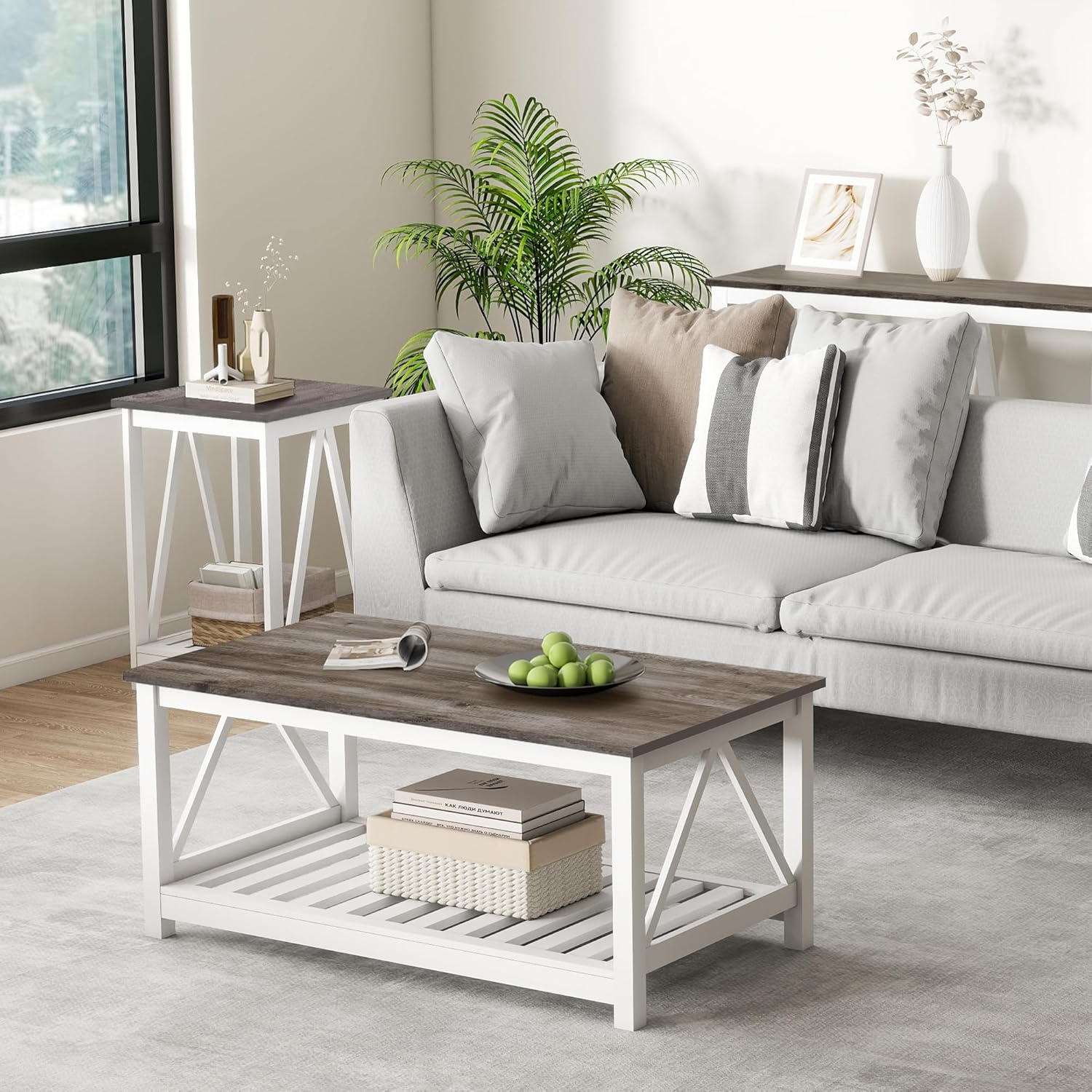 Farmhouse Coffee Table, White Oak Coffee Table for Living Room, 2-Tier Rectangular Wooden Centre Cocktail Table with Slats Shelf Storage and V-Shaped Frame Modern Coffee Oak Grey