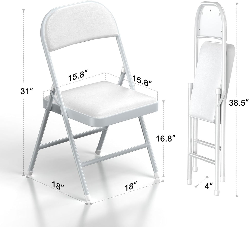Nazhura 4 Pack Folding Chairs with Padded Cushion and Back, Khaki Metal Chairs with Comfortable Cushion and Durable Steel Frame for Home and Office, for Indoor and Outdoor Events (White, 4 Pack)