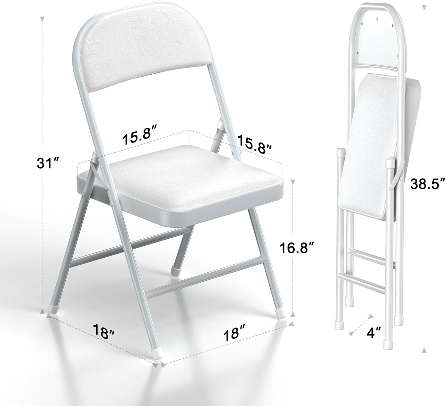 Nazhura 4 Pack Folding Chairs with Padded Cushion and Back, Khaki Metal Chairs with Comfortable Cushion and Durable Steel Frame for Home and Office, for Indoor and Outdoor Events (White, 4 Pack)