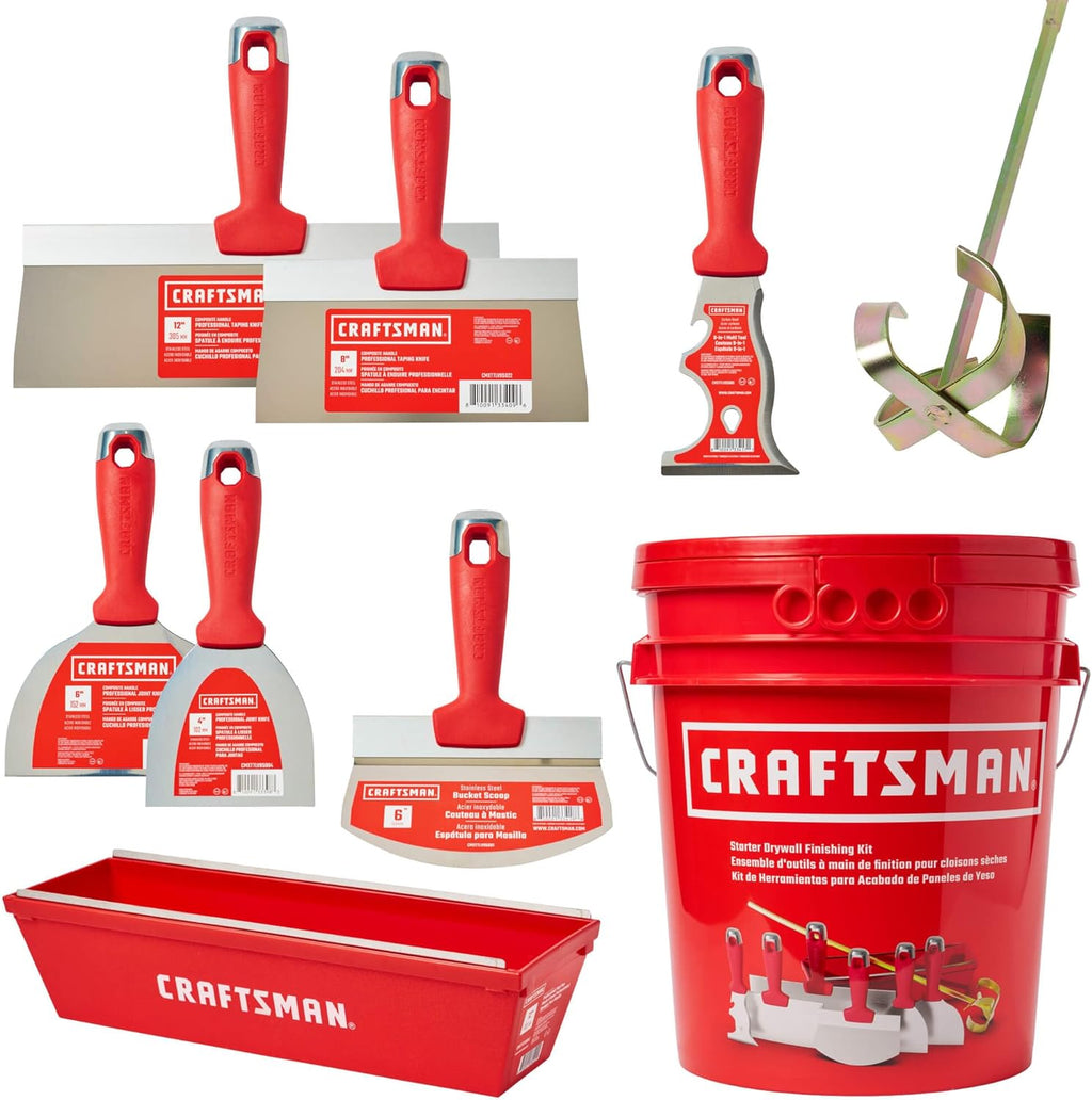 CRAFTSMAN Drywall Hand Tool Kit w/Bucket | 4 & 6-Inch Joint Knives, 8 & 12-Inch Taping Knives, 9-in-1 Multi Tool, Bucket Scoop, Mixer, Mud Pans | Taping, Finishing, Drywall Repairs