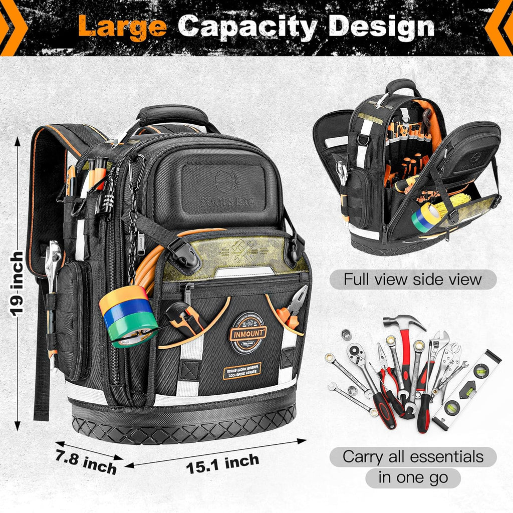 Tool Backpack Bag, HVAC Heavy Duty Construction Tools Backpack for Men, 1680D Professional Level Durable Tool Organizer, with Molded Base & Combination Lock, for Electricians & Home Repair-Version 3.0