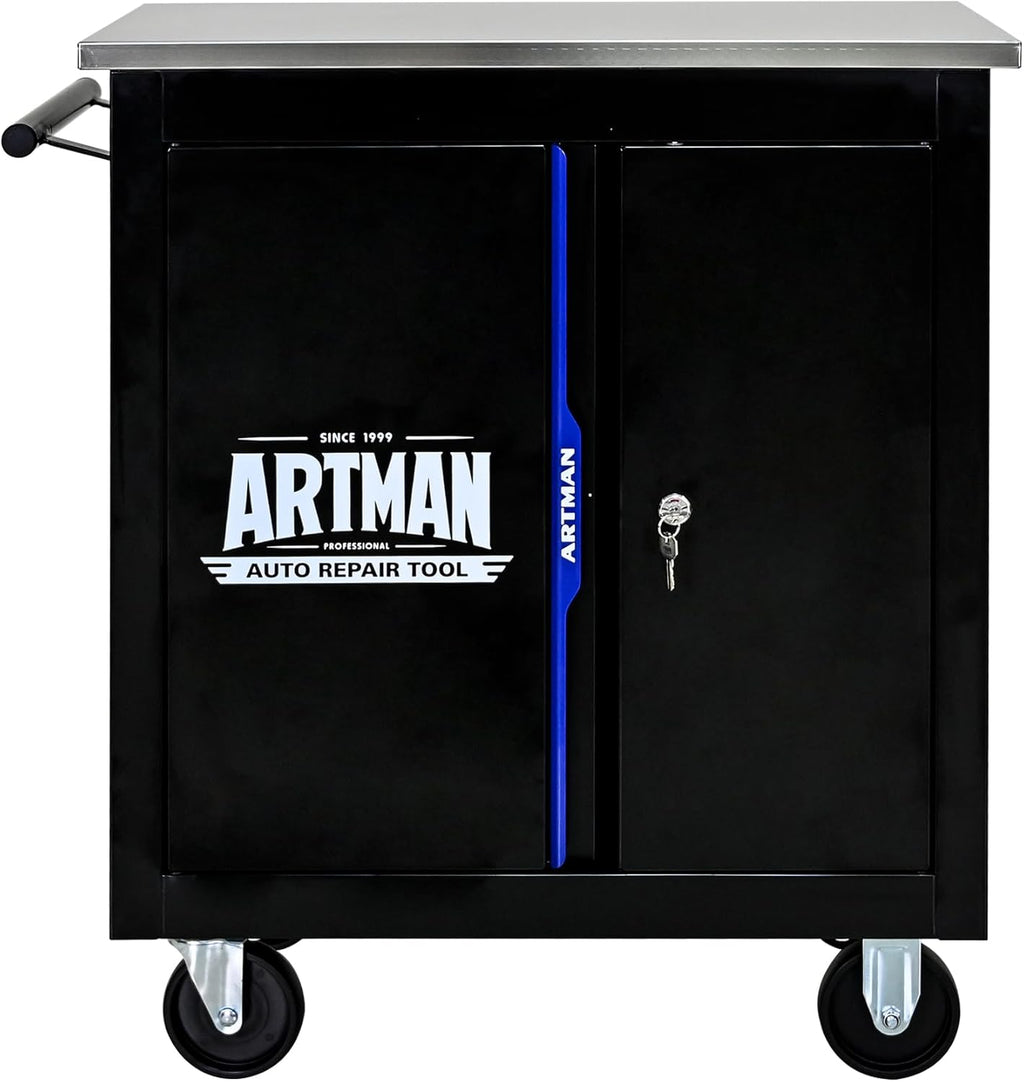 2-Door 2-Shelf Rolling Tool Chest with Stainless Steel Countertop,Tool Chest with Secure Locking System,Mobile Storage Tool Cabinet with 360°Wheels and Padded Feet,for Home,Garage(Black+Blue)