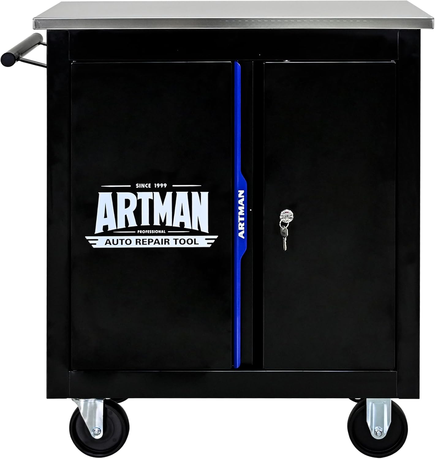 2-Door 2-Shelf Rolling Tool Chest with Stainless Steel Countertop,Tool Chest with Secure Locking System,Mobile Storage Tool Cabinet with 360°Wheels and Padded Feet,for Home,Garage(Black+Blue)