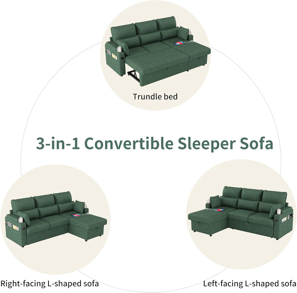 Sectional Sleeper Sofa with Pull Out Couch Bed, with Storage Chaise for Living Room, Comfy Linen Modular Sectional Sofa with Dual USB & Type-C, Cup Holders (Green, 81 Inches)