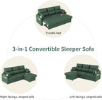 Sectional Sleeper Sofa with Pull Out Couch Bed, with Storage Chaise for Living Room, Comfy Linen Modular Sectional Sofa with Dual USB & Type-C, Cup Holders (Green, 81 Inches)